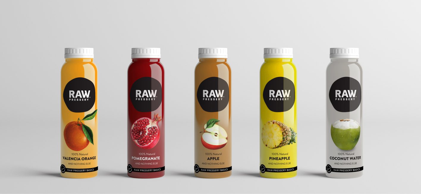 Raw Pressery cold-pressed juice bottles, packaging design by BHA Future Co