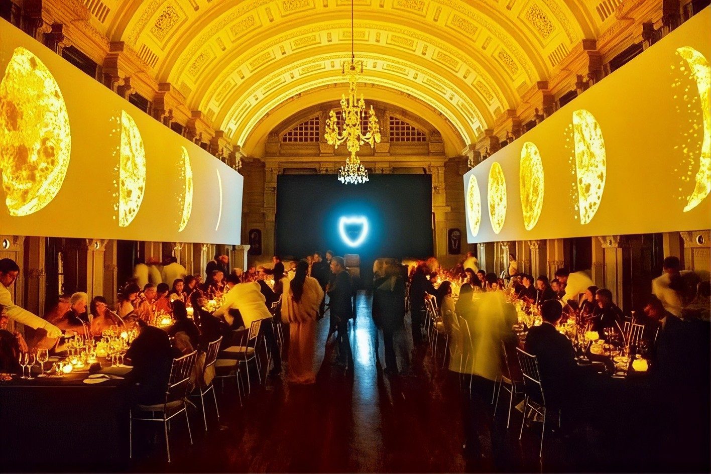 Luxury event dinner under a gilded vaulted hall, experience design by BHA Future Co